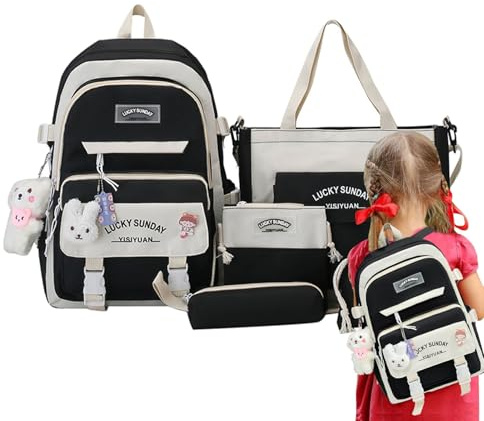 Skolryggsäck set - 5 delar canvas ryggsäck set, skolryggsäckar för barn sommar eller skola | Tonårsflickor bokväska, skolryggsäckar för pojkar, studenter, barn, tonåringar, Svart och vitt,