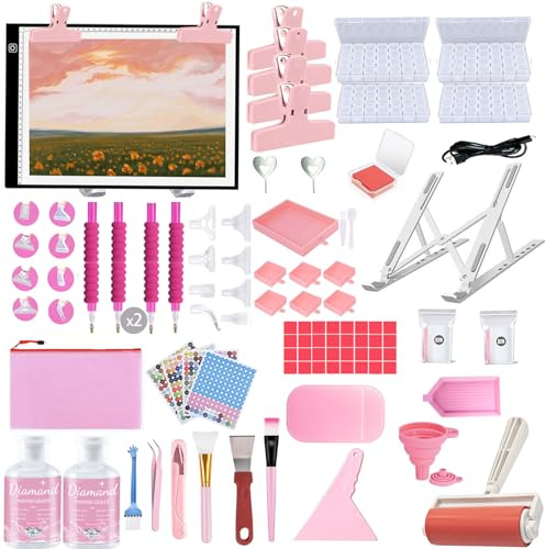 DNSGOOR 247Pcs All Inclusive Diamond Art Accessories Kit Diamond Painting A3 LED Light Pad Set with Diamond Art Sealer Glue Stand Storage Case Pens 5D Painting Tools for DIY Drill Craft