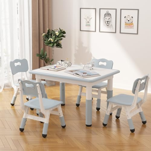 Kindertisch Packung mit 4 Stühlen, Plastik Kindersitzgruppe Höhenverstellbarer, Multifunktionaler Spieltisch Stabil für Kinder, Ergonomisch Tisch Stuhl Set für Kinderzimmer, 80x60x48-60cm, Grau