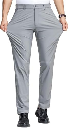 Pantalones de vestir de verano para hombre, de seda de hielo, cintura elástica, ajuste holgado, elásticos, pantalones de seda de hielo elásticos