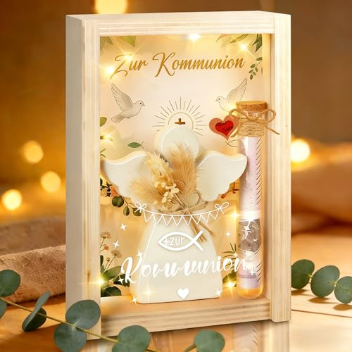 Kommunion Geschenke für Mädchen Junge, Kommunion Geldgeschenke Verpackung Geschenkbox mit LED, Getrocknete Blumen,Holzbox, Grußkarte, Engel und Fische, Erstkommunion Geschenke Mädchen Junge
