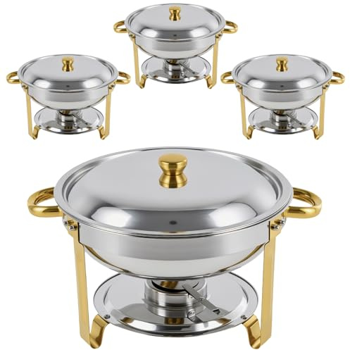 LZONEY Chafing Dish Set 4er-Pack rund, 5 QT Edelstahl Buffetwärmer mit goldenen Griffen & Gestell, Elegante Silber-goldene Speisenwärmer für Catering, Hochzeit, Party & Bankett