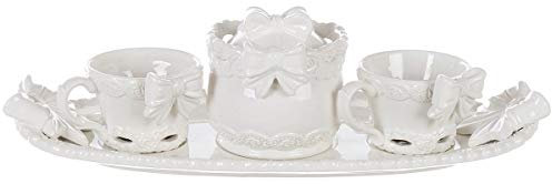 Servizio da Caffè Tazzine Vassoio Zuccheriera in Ceramica Bianca Elegante Shabby Chic