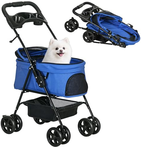 PawHut Cochecito para Perros Plegable Carrito para Perros Pequeños con Ruedas Universales Cesta de Almacenaje Correas de Seguridad y Ventana 67x45x96 cm Azul