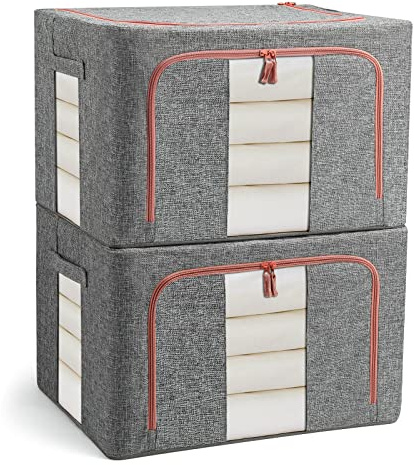 FUSACONY Kleideraufbewahrung Box 2 Stück, Kleiderschrank Organizer Faltbar Aufbewahrungsbox mit Metallrahmen und 2 Fenster, Aufbewahrungstasche für Kleidung, Bettdecken, Decken, Bettwäsche, Grau(22L)