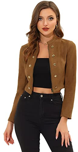 Allegra K Cropped Jacket for Women's Double Breasted Zip Up Biker Faux Suede Jacket Brown S