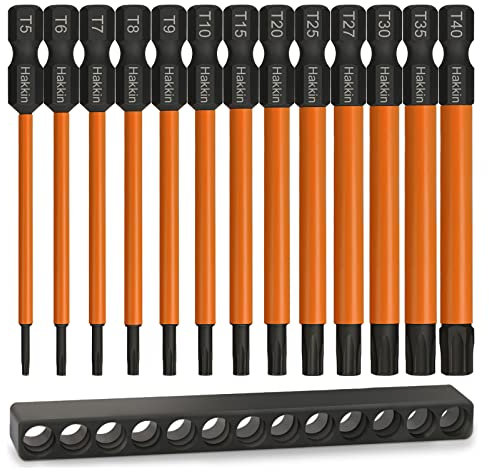 Hakkin 13-tlg 1/4Torx Schraubendreher Bits Set, 75mm Lang Magnetischer S2 Stahl Schlagschrauber Bohrer fur T-Profil Schrauben,Bohrhammer, Akkuschrauber T5 T6 T7 T8 T9 T10 T15 T20 T25 T27 T30 T35 T40