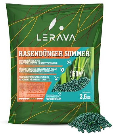 LERAVA® Engrais gazon été (150m²) - Nutrition équilibrée pour pelouse verte et dense - anti mousse gazon granulés riche en azote -Croissance résistance à la sécheresse - Idéal entretien pelouse jardin