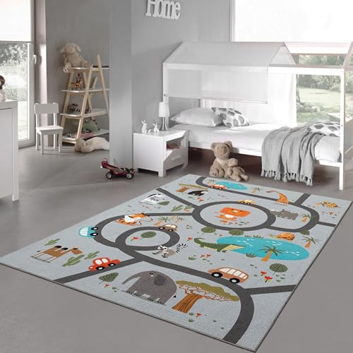Teppich-Traum Kinderteppich Safari Tiere Straßen Grau 100x200 cm | Pflegeleicht, rutschfest, strapazierfähig und allergikergeeignet, mit Löwen, Elefanten, Zebras, Krokodilen und Straßen