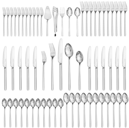 KINGSTONE Silverware Set With Serving Utensils, 65 Piece Flatware for 12, 18/10 Cutlery With 5 Piece Serving Utensil Set - Modern and Original Design, Dishwasher Safe