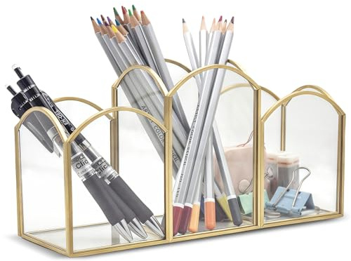 HARLIANGXY Stiftehalter Schreibtisch aus Glas Schreibtisch Organizer Gold Büro-Bleistifthalter Organizer Metall Stifteköcher Multifunktions Zubehör Bürobedarf Organisations dekor