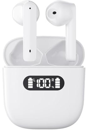 Fiauli Wireless Earbuds,Bluetooth 5.3 Headphone With LED Display,Wireless Headphones in Ear Earbuds With Built-in Mic,HiFi Stereo Bluetooth Earphones,IPX4 Waterproof,USB-C,Touch Control (White)