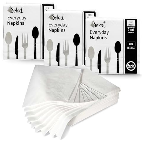 Select White Paper Napkins - 3 x 100 Packs 2-Ply Disposable Table Napkins - Soft and Strong Paper Serviettes for All Occasions - Everyday Tissues for Cleaning Spills Wiping Surfaces Personal Hygiene