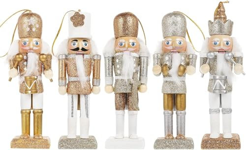Schiaccianoci di Natale in legno, ornamenti natalizi per albero di Natale (oro bianco)