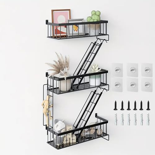 WGLILO Fire Escape - Estante de pared decorativo de 3 niveles, estante de escalera de Nueva York, exhibición de baratijas y figuras de acción con escalera flotante, diseño de escalera de arte de pared