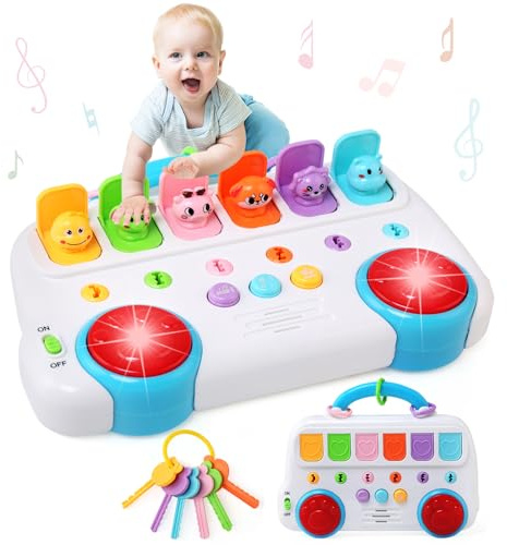 BelleStyle Baby motorikleksak från 1 år, Pop Up leksak med djurnyckel musik och ljus tidig utveckling orsak och effekt pedagogisk leksak Montessori leksak för barn 1 2 3 år