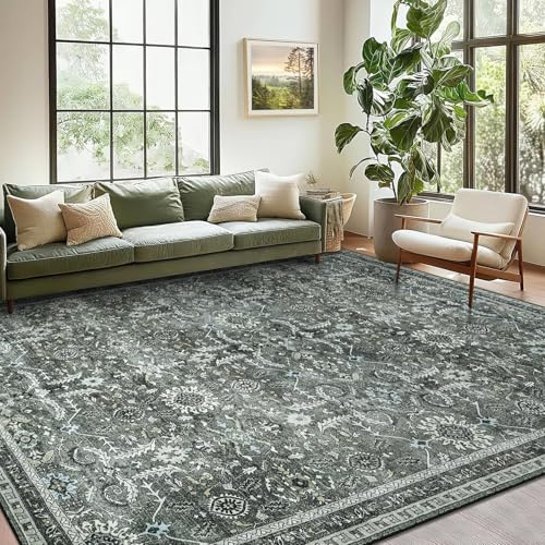 IMIYOKU Teppich Wohnzimmer 120×170cm Waschbarer Teppiche Gegend Carpet Living Room Vintage Boho Kurzflor Rug Weich Antirutsch Grün Teppich für Schlafzimmer Esszimmer Kinderzimmer