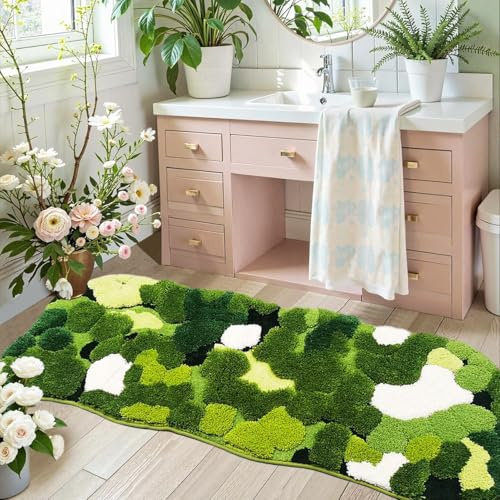 Hifuwan Badläufer, niedlich, in Grün mit Moos- und Blätterdesign, 61 x 152 cm, extra groß, flauschig, rutschfest, saugfähig, Boho-Badematte für Küche, Schlafzimmer und Waschbecken