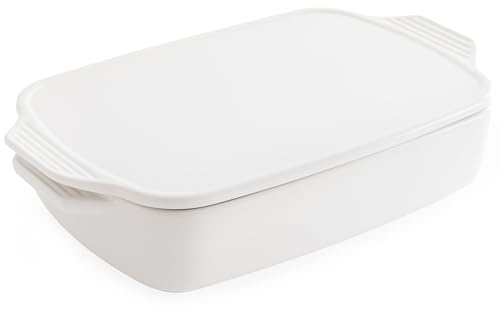 Chef Pomodoro Casserole Dish 39.3 x 23.80 cm, White Ceramic Baking Dishes for Oven, Deep Ceramic Casserole, Elegant Baking Dish with Lid, Oven Bakeware Ideal for Lasagna, Roasting