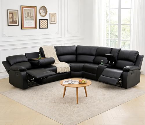 Caberryne Leather Recliner Sectional Sofa Set for Living Room Furniture Set, 6-Seat L-Shaped Corner Couch with Hidden Table/Storage Console/Cup Holders,Corduroy Sofa Set with 2 Reclining Seats(Black)