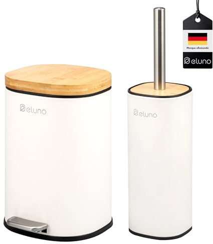 eluno Set di accessori da bagno Framura, 2 pezzi, composto da 1 secchio cosmetico con coperchio a chiusura morbida e 5 litri di capacità e 1 set per WC, in metallo con coperchio in bambù (bianco)