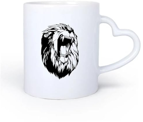 AYUEHBN Manico in ceramica a forma di cuore Tazze in ceramica con manici Testa di leone astratta con zanne di animali africani 11oz/320ml Porcellana fine ceramica