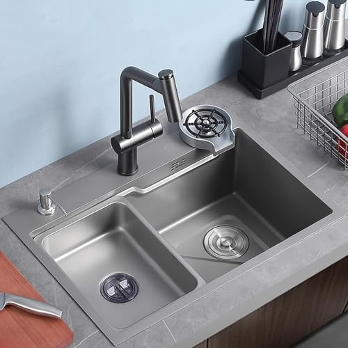 WDSOPK Rostfritt stål undermonterat kökshandfat – 68 x 45 cm, lätt att rengöra diskho med kranhål och kopptvätttillbehör, snygg vattenfallsdesign för hem och kommersiellt bruk (en färg 72 x 45 cm)