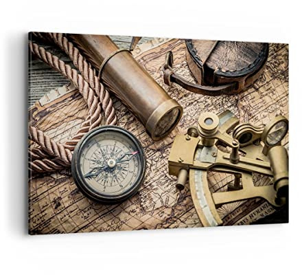 ARTTOR Bilder auf Leinwand 120x80cm Wandbild Weltkarte Maritim - 3730 | Kompass Karte Groß XXL Wanddekoration Wohnzimmer Schlafzimmer Küche Wanddeko Wand Kunstdruck Wandkunst Wall Decor ARTTOR