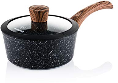 Westinghouse Black Marble Wood Stielkasserolle, Ø 18 cm, Non Stick Non Stick Antihaft, PFOA-frei, mit Deckel, Spülmaschinengeeignet
