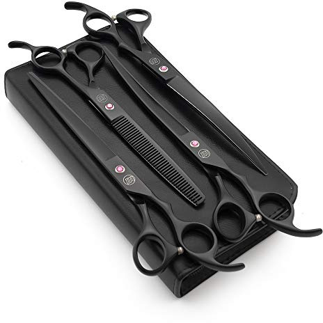 Moontay Professionelles Fellscheren-Set für Hunde, 20,3 cm, 4-teilig, gerade, nach oben gebogen, nach unten gebogen, Effilier-/Mischschere für Hunde, Katzen und Haustiere, JP Edelstahl, Schwarz | JP Edelstahl Gerade, nach oben gebogen, nach unten gebogen, Effilierschere für Hund, Katze und Haustiere, JP Edelstahl