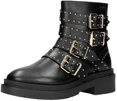 WOJAS - Damen Biker Boots, mit Silbernen Nieten, Damen Stiefeletten aus Hochwertigem Glattleder, Damenstiefeletten mit Traditionell Geschnitten, Ankle Boots mit Reißverschluss, 55252-51 - Schwarz