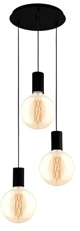 Eglo Pozueta, hängande lampa med 3 ljuskällor, vintage, industriell, stålhänglampa i svart, matbord, vardagsrum, hängande med E27-fattning, Ø 34 cm