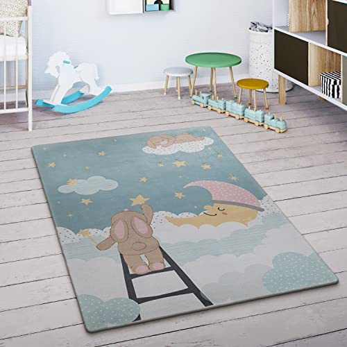 Paco Home Spielmatte Teppich Kinderzimmer Kinderteppich Junge Mädchen rutschfest Modern Sterne Wolken Mond Hase Türkis Creme Rosa, Grösse:155x230 cm