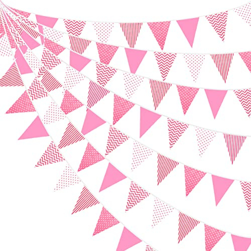 32Ft Pink Dot Stripe Fabric Bunting Banner Party Decorations Triangle Flag Pennant Garland for Wedding Birthday Baby Shower Engagement Hen Party Picnic Carnivals Outdoor Home Garden Festivals Decor