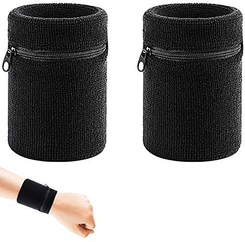 Handgelenktasche,Wristband Geldbörse,Sport Handgelenk Brieftaschen,Schweissband Handgelenk Set,Schweißbänder Handgelenk,Schweißarmband,Sport Schweißband Wristbands Mit Reißverschlusstasche(Schwarz)