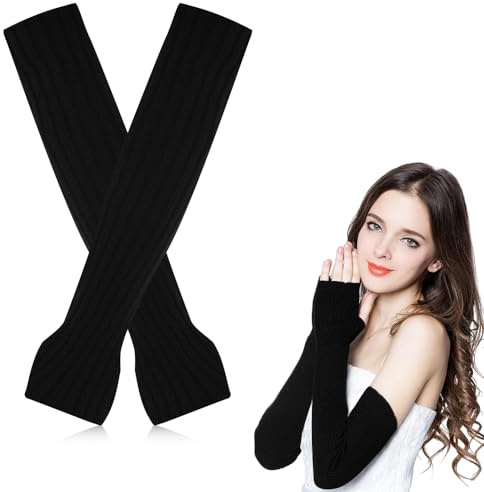 Aoreun Guanti lunghi senza dita da donna, Maglia Cashmere Guanti con Foro Pollice, Polsini Donna Termici Invernali, Elastici Maglieria Braccio Manicotti Guantie per Attività All'interno e All'esterno