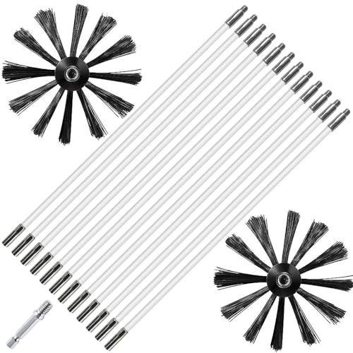 Junhui Kit Brosse Nettoyage Cheminée, Cheminées Brosse Kit de Ramonage avec 12 Tiges Flexibles de 410mm, 2 Têtes de Brosse Ø200mm et 1 Tige Hexagonale pour Tuyaux de Chaudière Tuyaux de Ventilatio