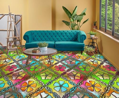 Kundenspezifischer, Selbstklebender Bodenaufkleber 3D-Bodentapeten-Wandbilder mit farbigen Blütenblättern, 200 x 140 cm Bodenfliesen Aufkleber Wohnzimmer Studie Bodenbelag Tapete, Epoxidharz
