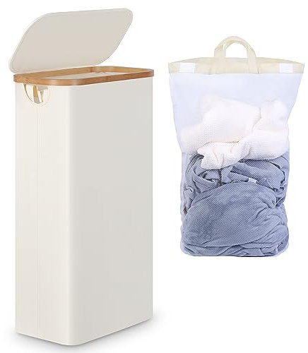 efluky Slim Laundry Basket with Lid, Tall Narrow Washing Basket for Laundry, Folding Small Slimline Laundry Baskets for Dirty Clothes, 63L Cloth Storage Basket Beige