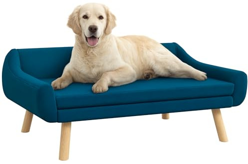 PawHut Hundesofa mit weichem Kissen, Tierliege mit Holzrahmen, Abnehmbarer und waschbarer Bezug, für mittlere und große Hunde, blau