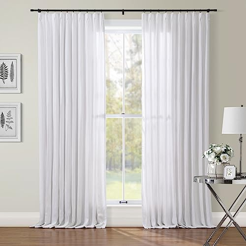 TWOPAGES White Belgian Flax Linen Curtain 108 Inches Long Light Blocking Pinch Pleat Drape for Patio Door Kitchen, Breathable Lined Curtain (W40 x L108 Inches, 1 Panel)