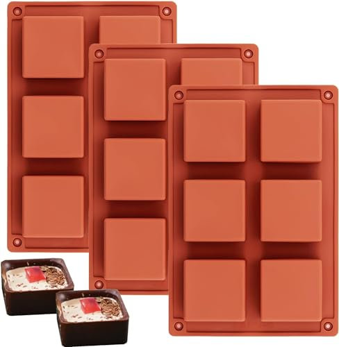 Socluer Pack of 3 Silicone Brownie Pan 5 x 5 x 2.5 cm Square Chocolate Moulds Baking Moulds for Brownie, Muffins, Fudges, Truffles