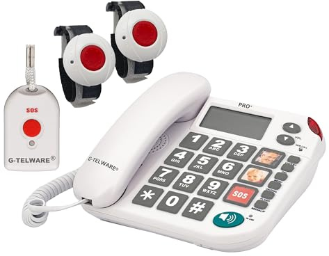 PRO+(G-TELWARE®)(Weltneuheit) Silence SOS Technik/SOSParam.einstellb./2026er Modell Haus Notruf Seniorentelefon mit FunkSOS-Sender - 2 Armbandsender + 1 Handsender mit Schlaufe, Satingrau, PRO+