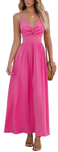 CUPSHE Abito Donna Casual Da Spiaggia Senza Maniche Scollo a V Estivo con Tagli e Spalline Sottili Formale Maxi Abiti da Sole, Rosa caldo, S