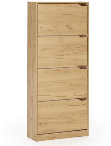 HOMN LIVING Mueble Zapatero Ángel 4 Puertas Color Roble Claro, para 24 Pares, 63 cm (Ancho) 24 cm (Profundo) 150 cm (Altura)