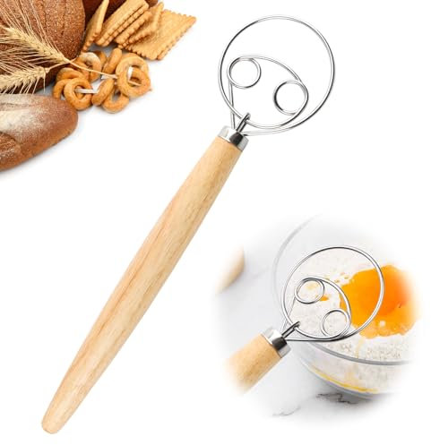 Dänischer Teigbesen，Mit Holzgriff Mixer 304 Edelstahldraht，Professioneller Teig Schneebesen, Brotteig Schneebesen, Eierschläger, Holzgriff Mixer，für Backen Brot Gebäck Dessert Pizzateig