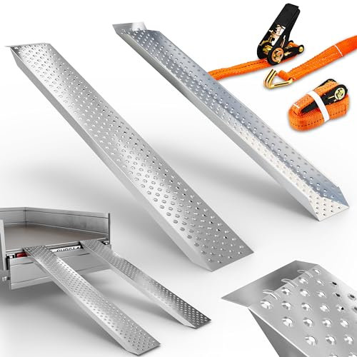 ONBEST Auffahrrampen 2x200 kg Tragfähigkeit – 22,5 x 160 cm Auffahrrampe für Anhänger und Auto – Laderampe – Auffahrschienen – Ramp – Silber – Plus 2X Spanngurte 25 mm x 4m – 2 Stück Auffahrrampe