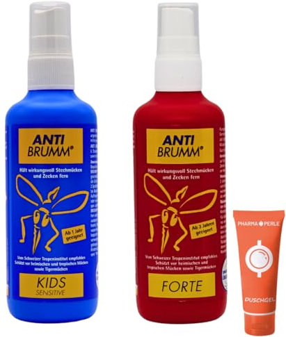 Bundle Anti Brumm Forte + Anti Brumm Kids Sensitive Pumpspray, je 150 ml I Schutz gegen Mücken und Zecken I Mückenspray I Erwachsene und Kinder I Reisen, Tropen I Spar-Set plus Pharma Perle giveaway