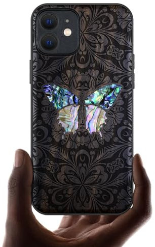 Carveit Bois Étui pour iPhone 12 Magnétique Coque, Incrustation de Coquille de Téléphone Compatible Magsafe avec Apple 12 Etui (Bois Sombre-Papillon Baroque)