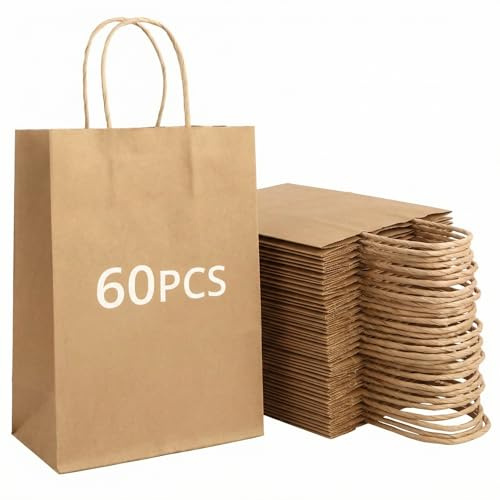 QWORK® 60 piezas bolsas de papel marrón con asas, bolsa regalo,15 x 8 x 21 cm, para fiestas, embalaje, bolsas de regalo de cumpleaños, bolsas de compras